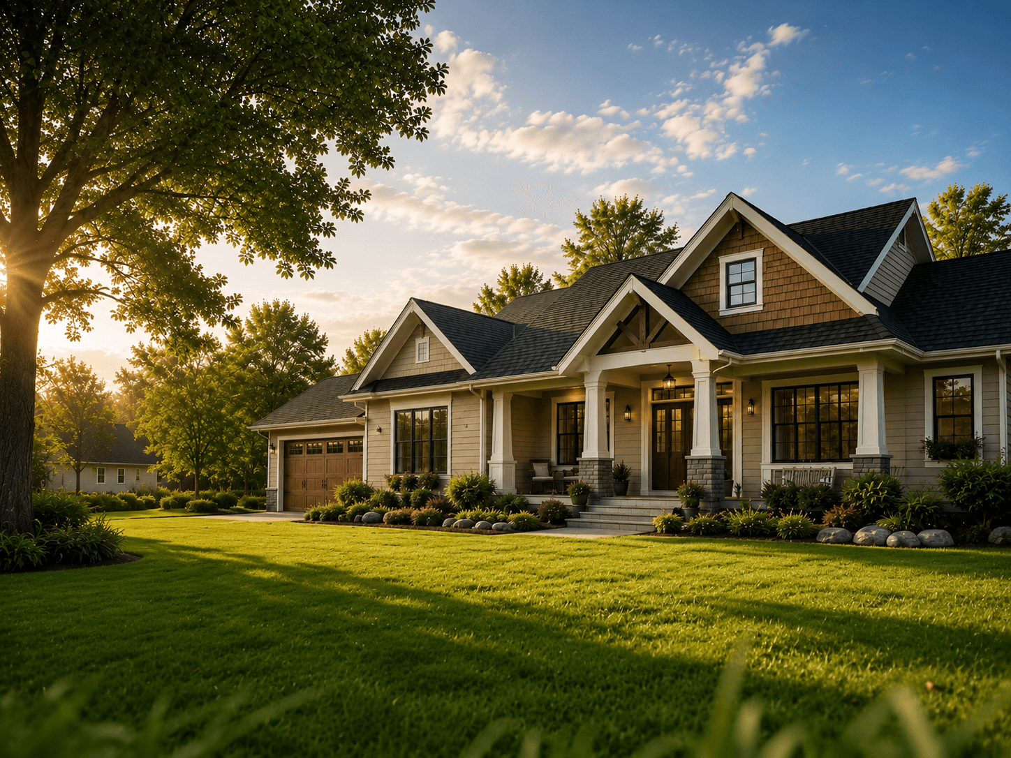 Craftsman-style home at golden hour