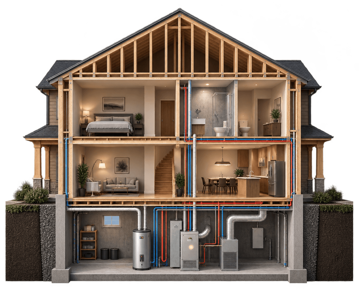 House construction, plumbing, heating and mechanical systems cutaway